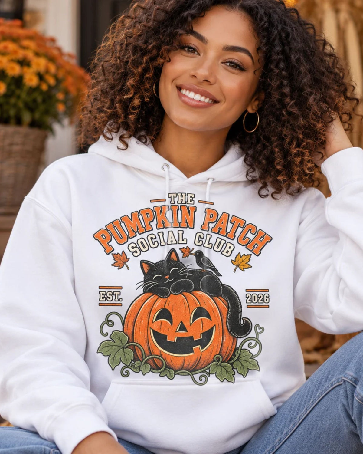 The Pumpkin Patch Social Club | Premium Boutique Pullover Hoodie Fall Vintage Black Cat Halloween Graphic Autumn Pumpkin Top