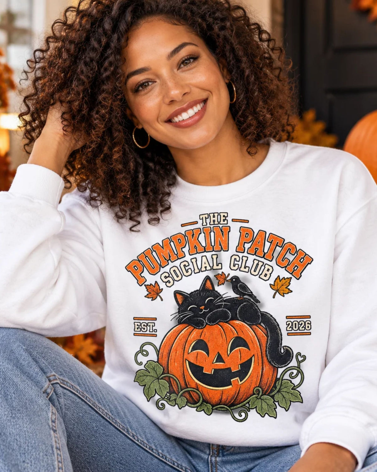 The Pumpkin Patch Social Club | Premium Boutique Crewneck Sweatshirt Fall Vintage Black Cat Halloween Graphic Autumn Pumpkin Top