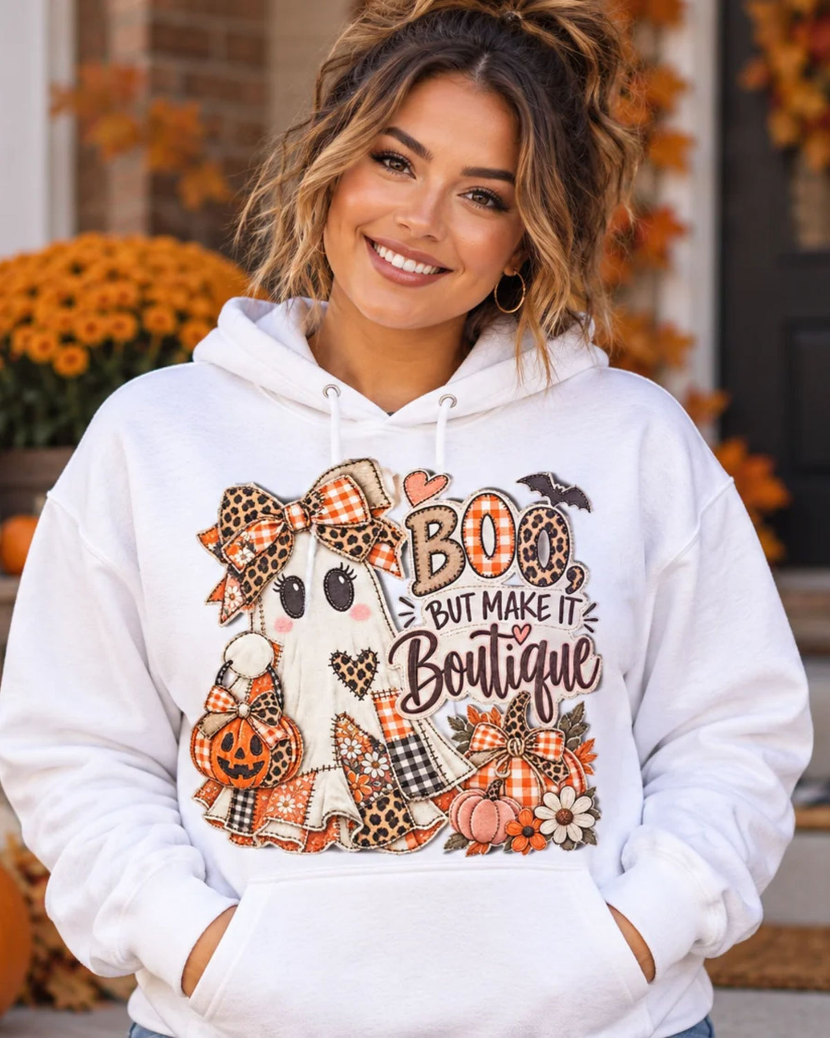 Boo But Make It Boutique | Premium Boutique Pullover Hoodie Halloween Patchwork Ghost Graphic Cute Fall Bow Spooky Top