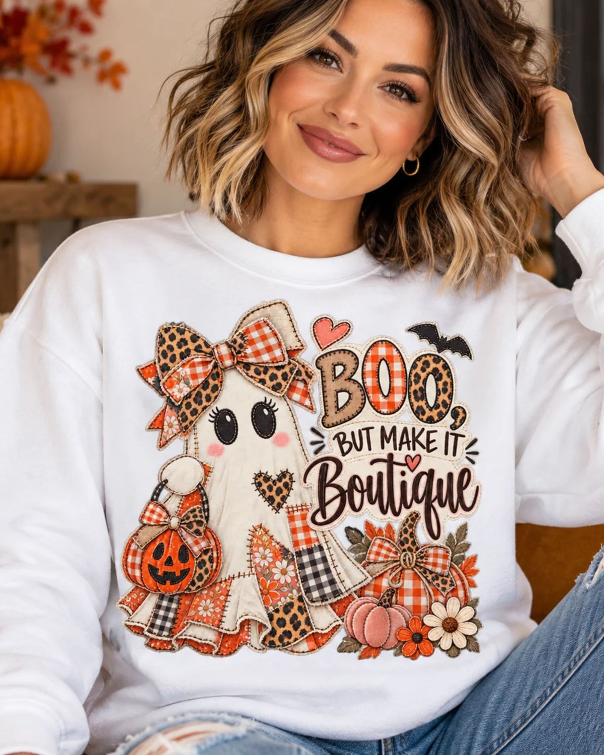 Boo But Make It Boutique | Premium Boutique Crewneck Sweatshirt Halloween Patchwork Ghost Graphic Cute Fall Bow Spooky Top