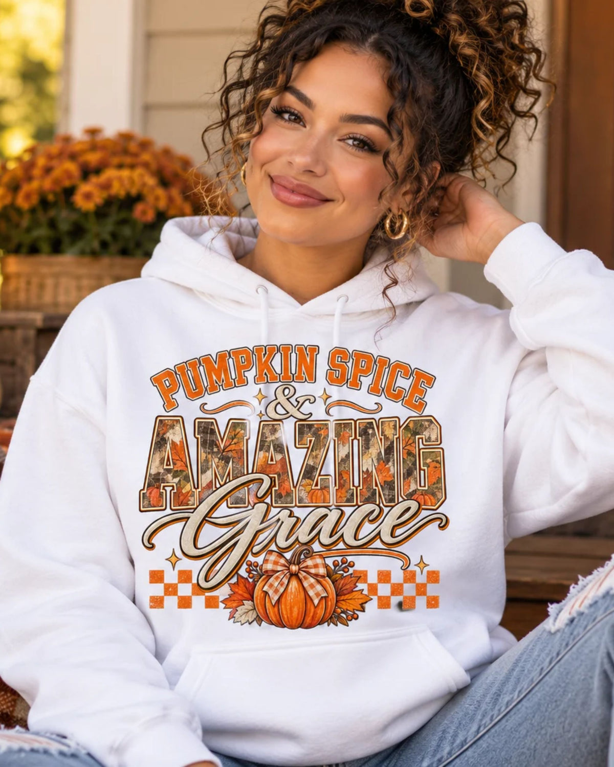 Pumpkin Spice And Amazing Grace | Premium Boutique Pullover Hoodie Fall Christian Faith Graphic Autumn Pumpkin Inspirational Top