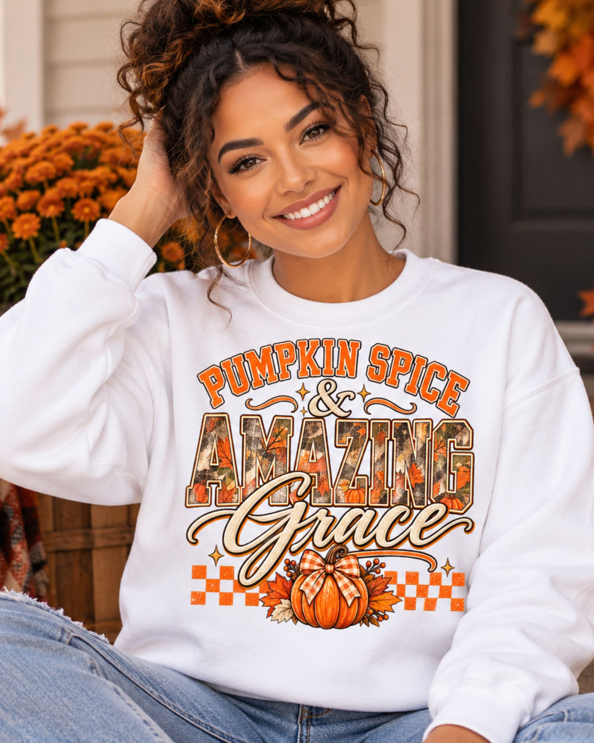 Pumpkin Spice And Amazing Grace | Premium Boutique Crewneck Sweatshirt Fall Christian Faith Graphic Autumn Pumpkin Inspirational Top