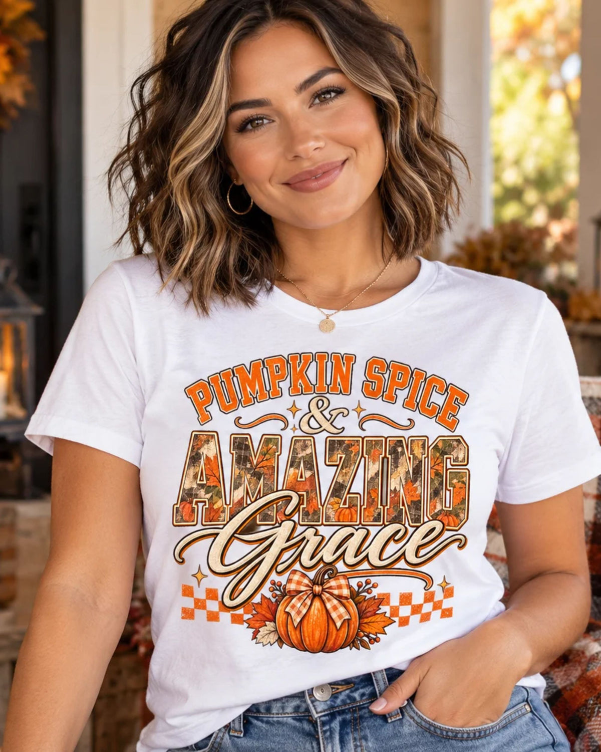 Pumpkin Spice And Amazing Grace | Premium Boutique Unisex T-Shirt Fall Christian Faith Graphic Autumn Pumpkin Inspirational Top