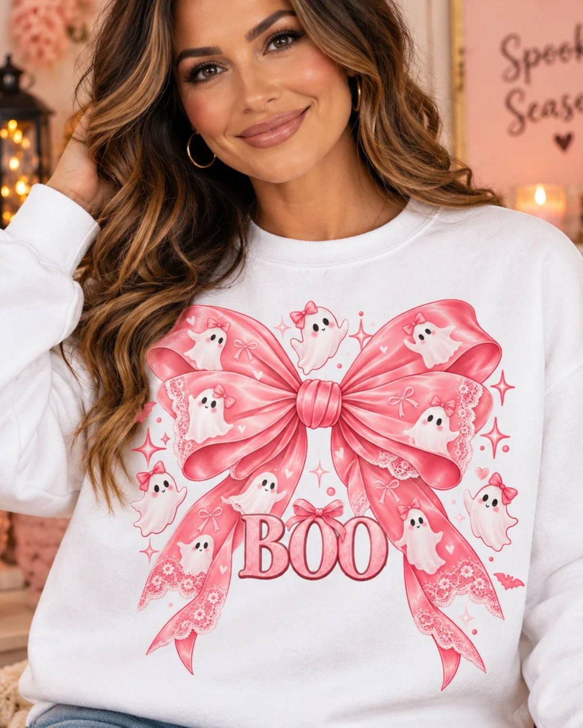 Boo | Premium Boutique Crewneck Sweatshirt Halloween Pink Ghost Bow Graphic Feminine Spooky Fashion Top