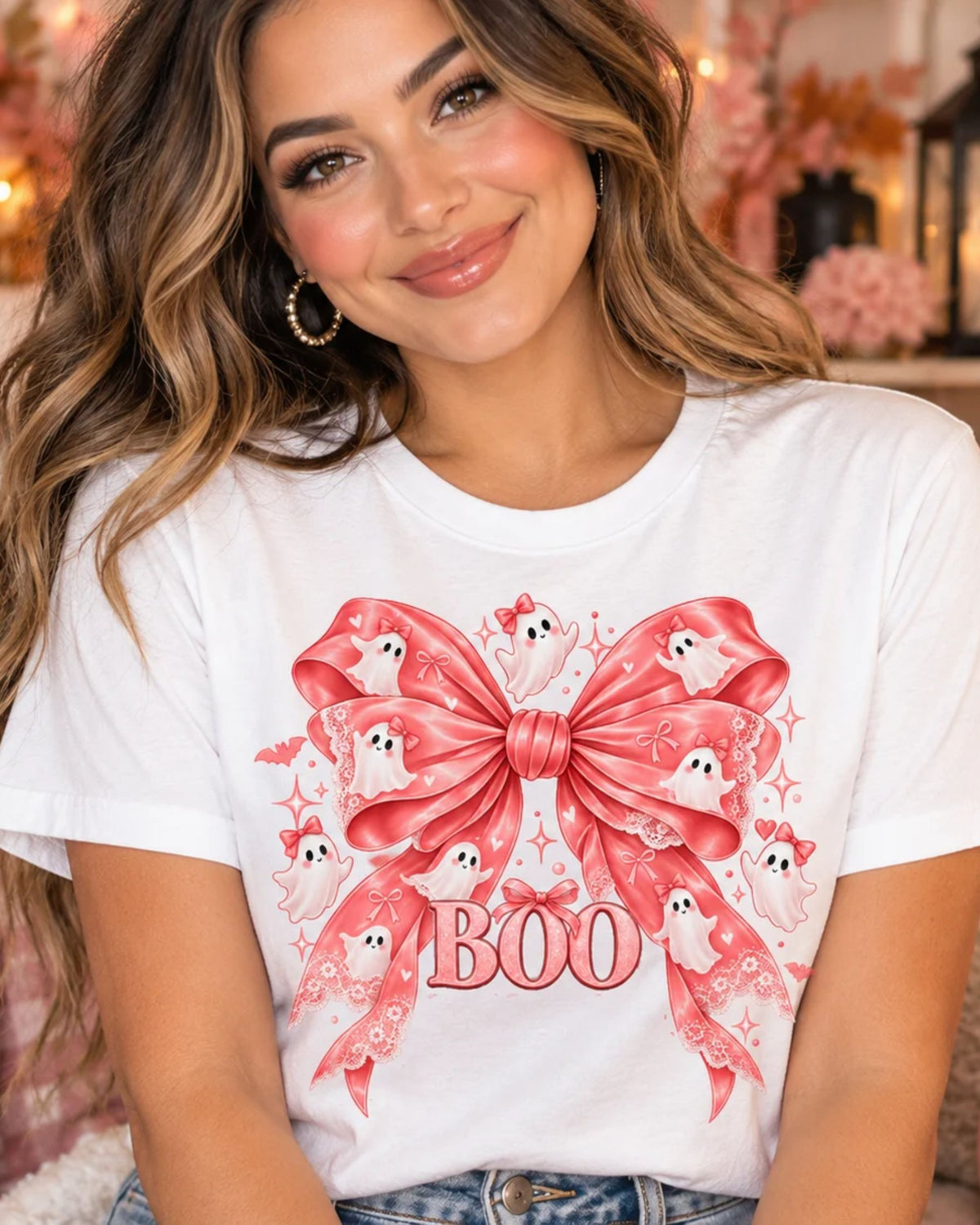 Boo | Premium Boutique Unisex T-Shirt Halloween Pink Ghost Bow Graphic Feminine Spooky Fashion Top