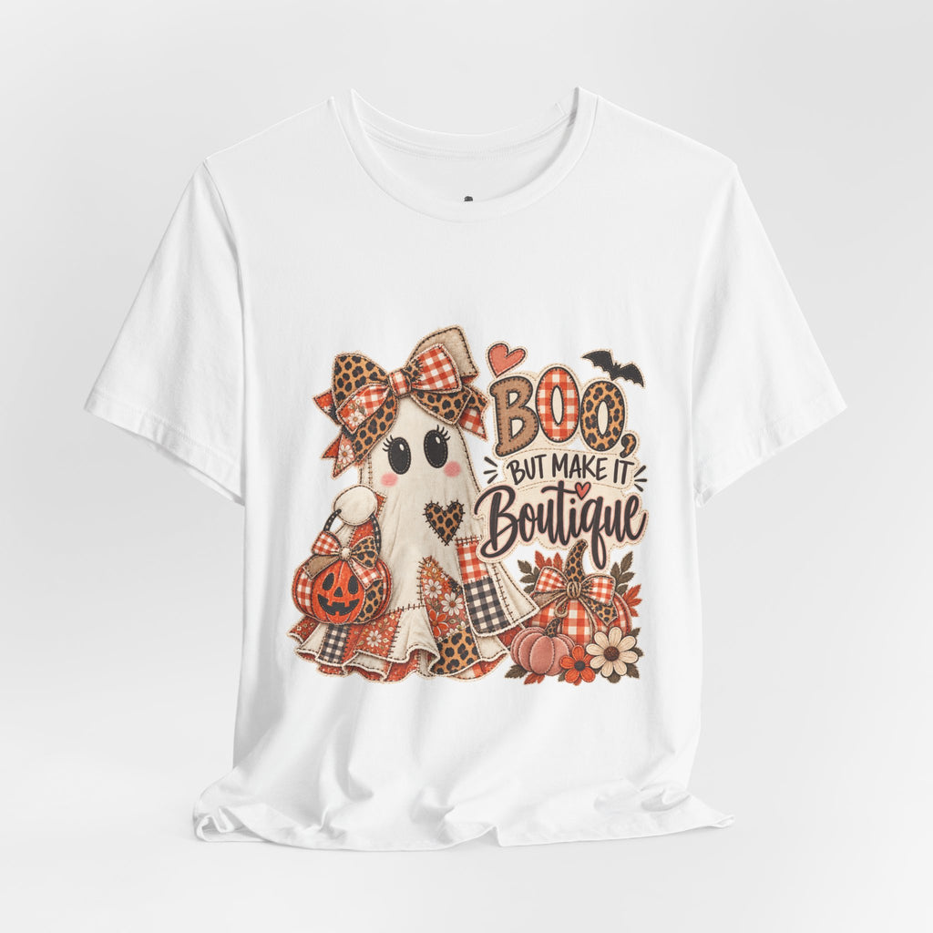 Boo But Make It Boutique | Premium Boutique Unisex T-Shirt Halloween Patchwork Ghost Graphic Cute Fall Bow Spooky Top