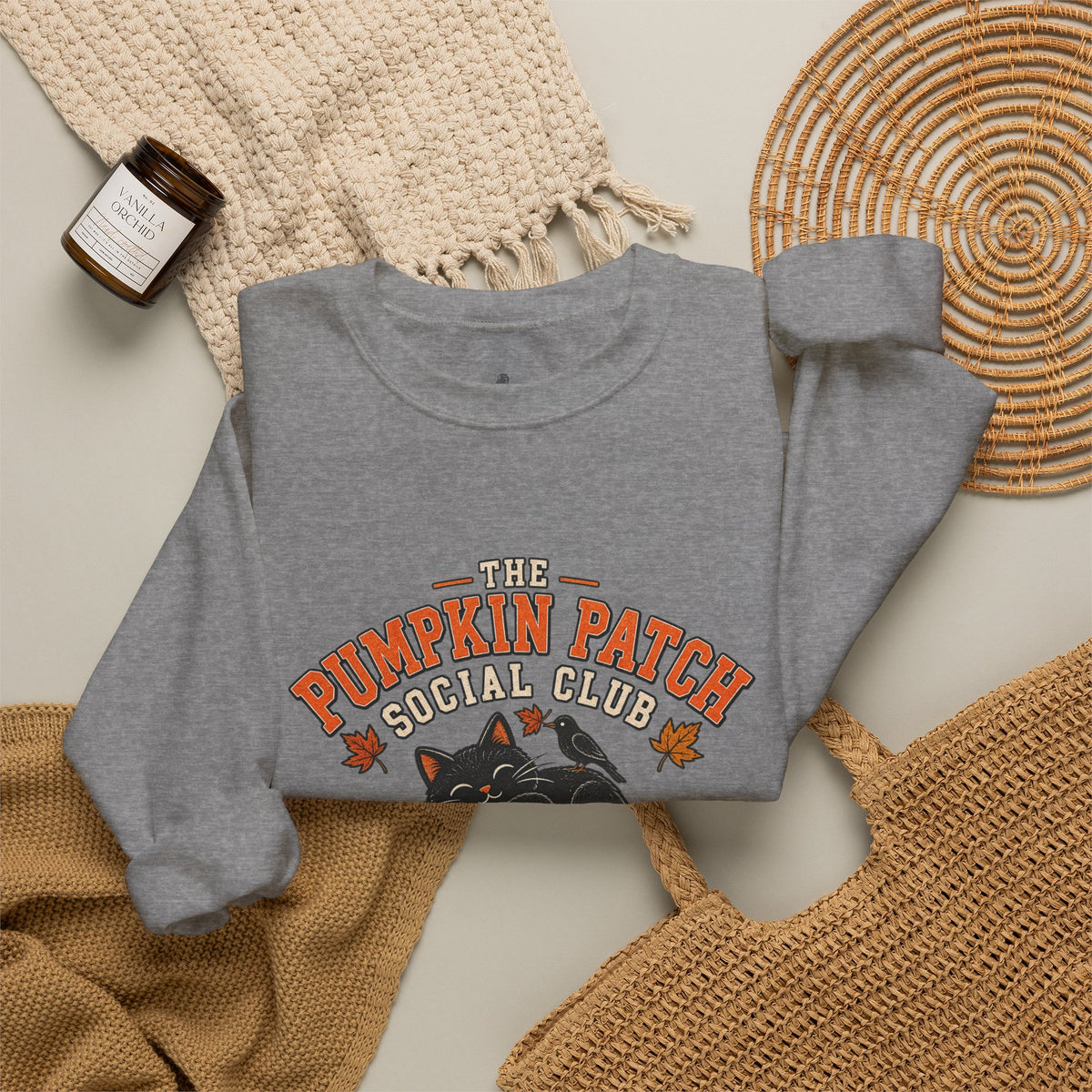 The Pumpkin Patch Social Club | Premium Boutique Crewneck Sweatshirt Fall Vintage Black Cat Halloween Graphic Autumn Pumpkin Top