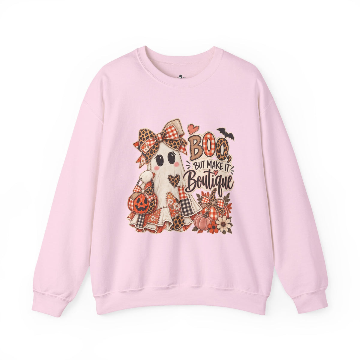 Boo But Make It Boutique | Premium Boutique Crewneck Sweatshirt Halloween Patchwork Ghost Graphic Cute Fall Bow Spooky Top
