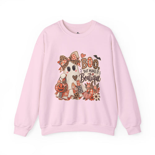Boo But Make It Boutique | Premium Boutique Crewneck Sweatshirt Halloween Patchwork Ghost Graphic Cute Fall Bow Spooky Top