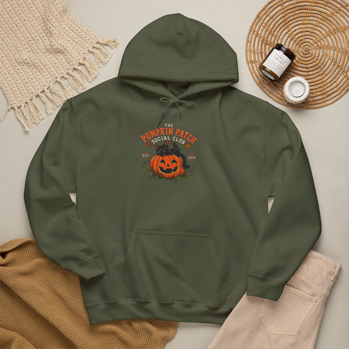 The Pumpkin Patch Social Club | Premium Boutique Pullover Hoodie Fall Vintage Black Cat Halloween Graphic Autumn Pumpkin Top