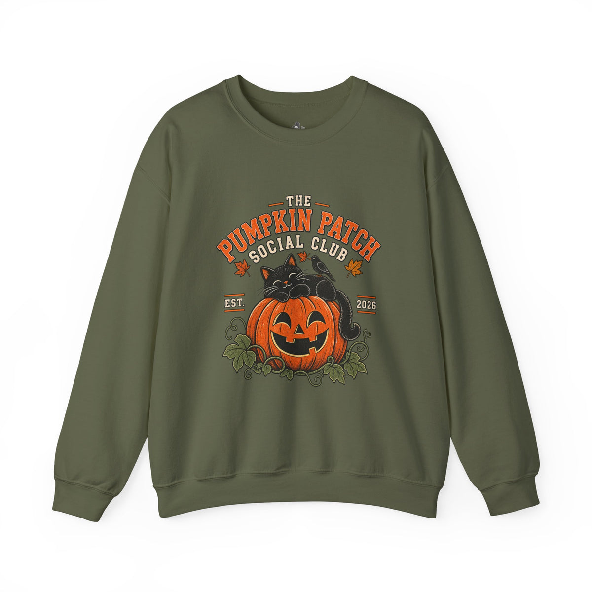 The Pumpkin Patch Social Club | Premium Boutique Crewneck Sweatshirt Fall Vintage Black Cat Halloween Graphic Autumn Pumpkin Top