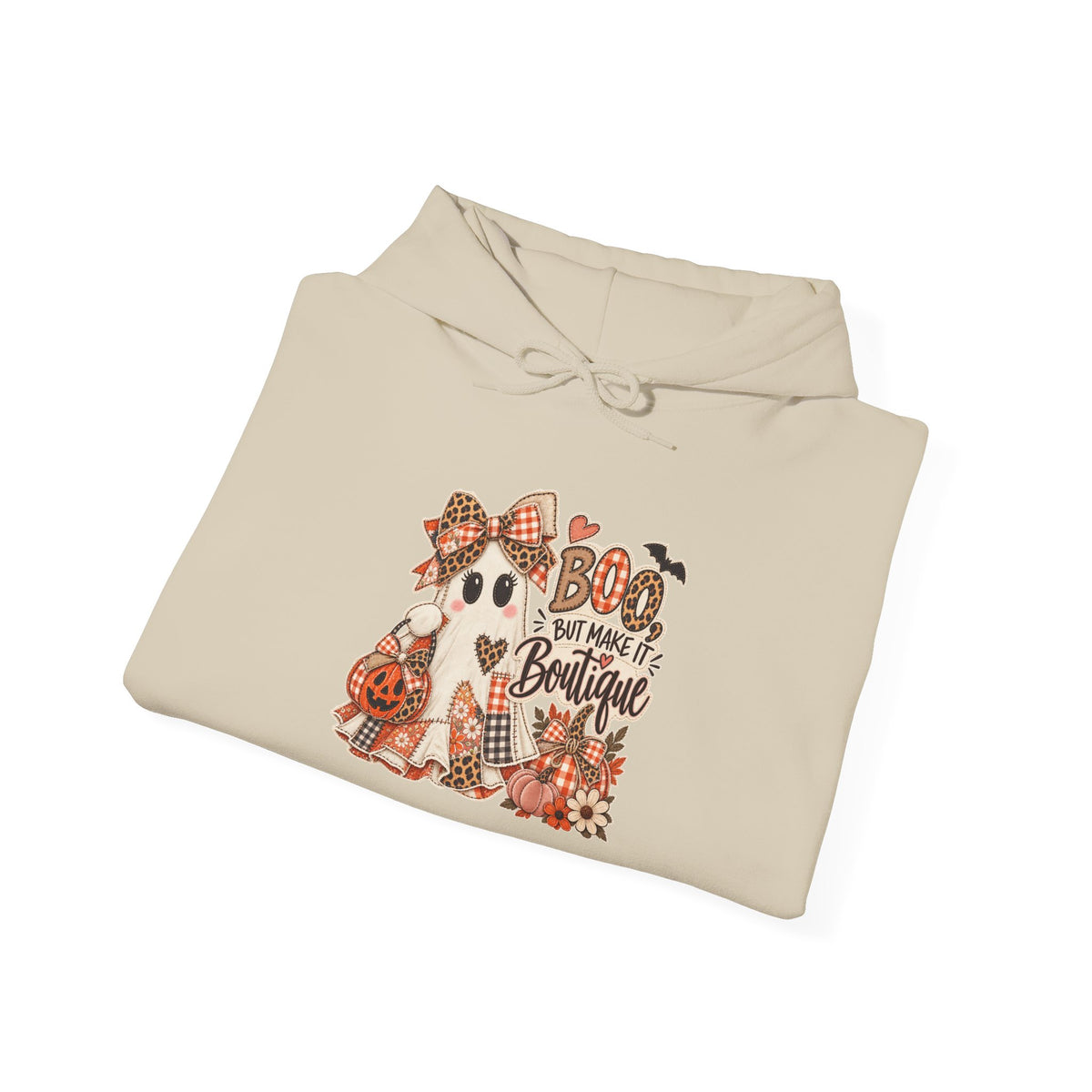 Boo But Make It Boutique | Premium Boutique Pullover Hoodie Halloween Patchwork Ghost Graphic Cute Fall Bow Spooky Top