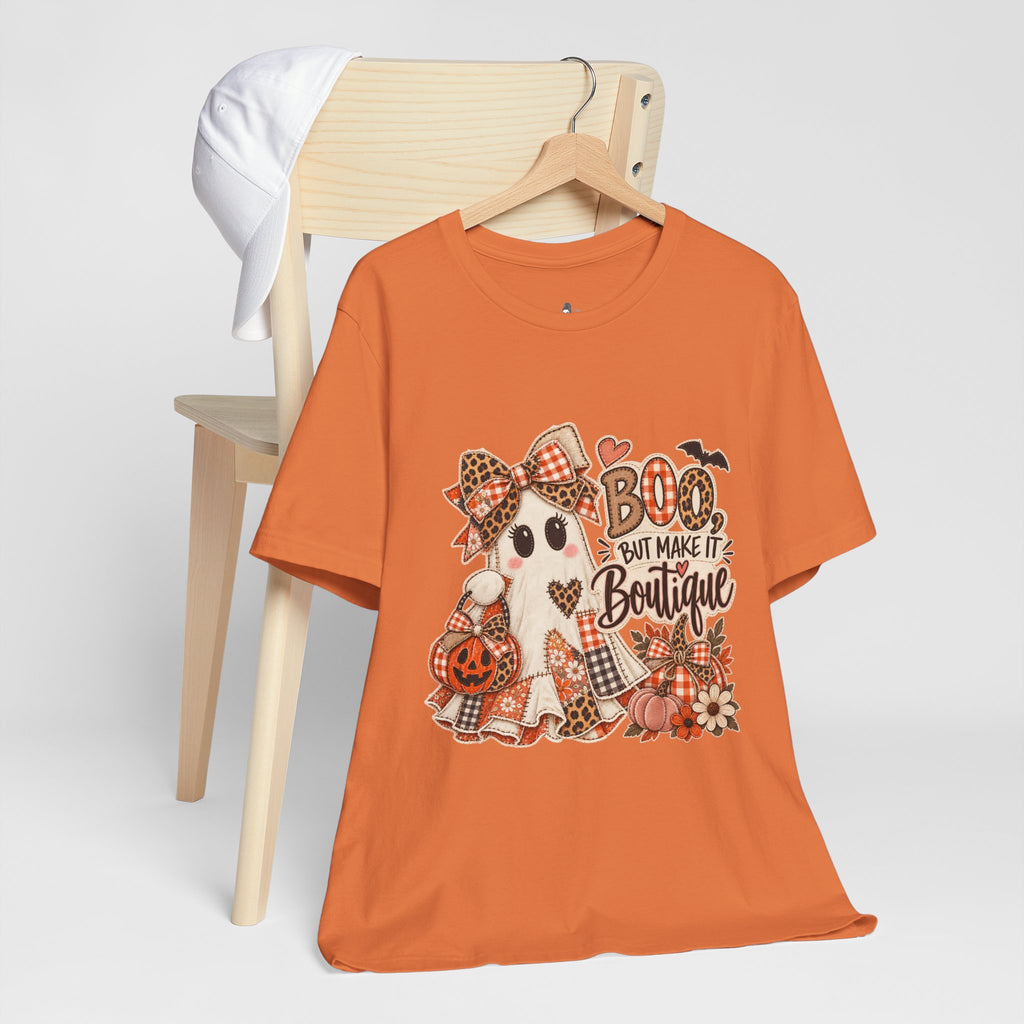 Boo But Make It Boutique | Premium Boutique Unisex T-Shirt Halloween Patchwork Ghost Graphic Cute Fall Bow Spooky Top