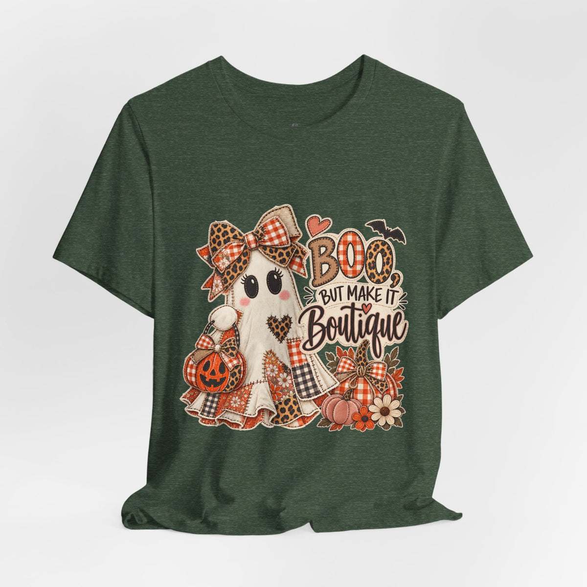 Boo But Make It Boutique | Premium Boutique Unisex T-Shirt Halloween Patchwork Ghost Graphic Cute Fall Bow Spooky Top