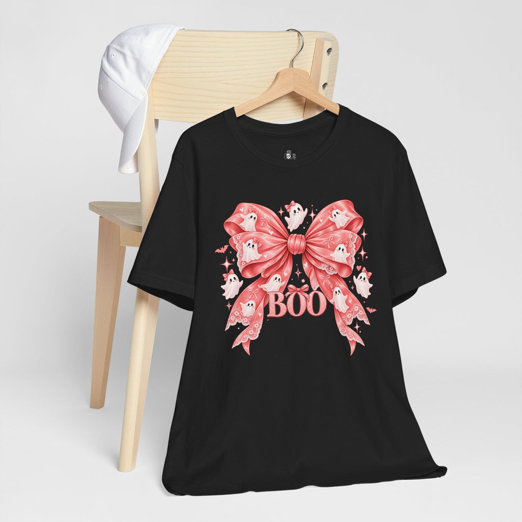 Boo | Premium Boutique Unisex T-Shirt Halloween Pink Ghost Bow Graphic Feminine Spooky Fashion Top