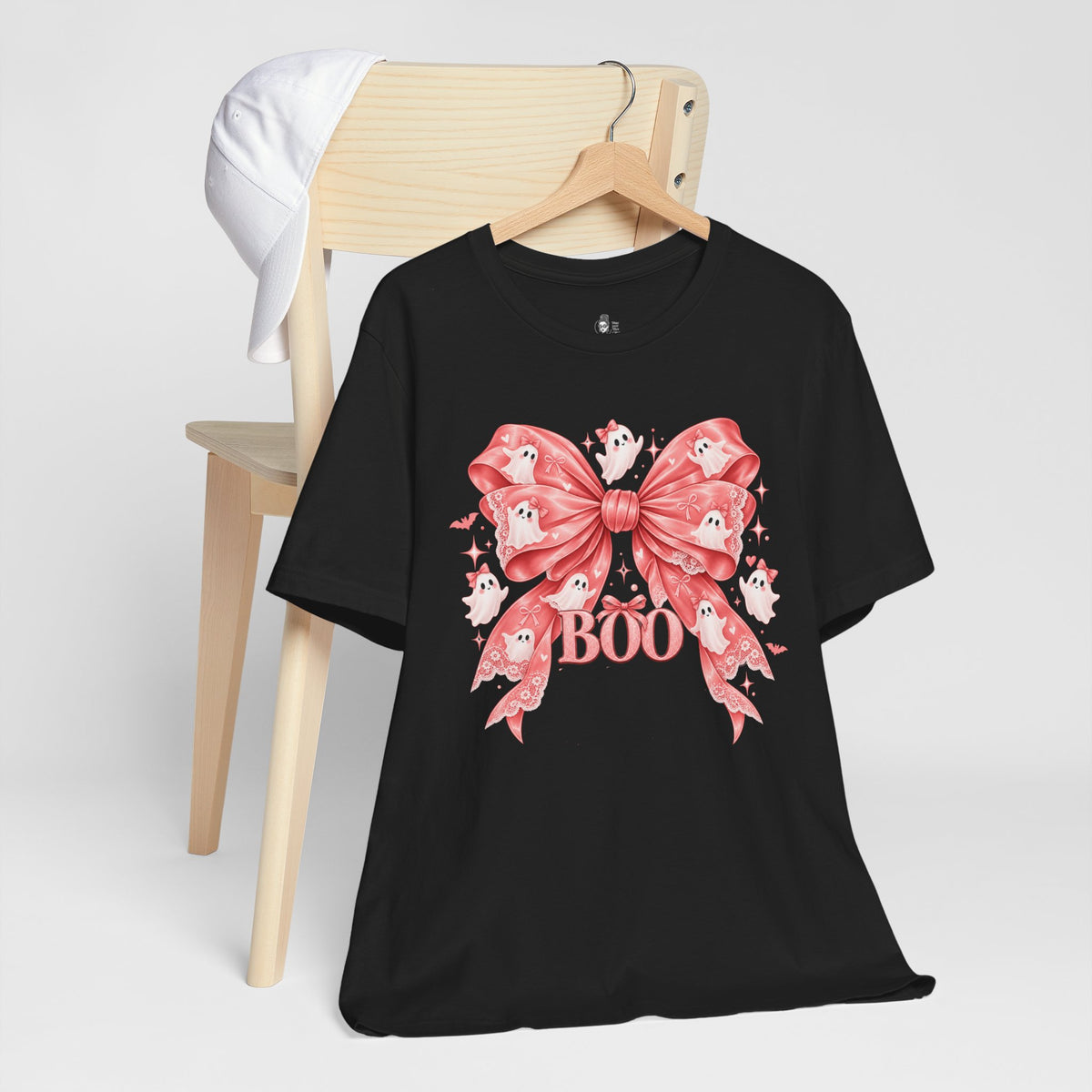 Boo | Premium Boutique Unisex T-Shirt Halloween Pink Ghost Bow Graphic Feminine Spooky Fashion Top