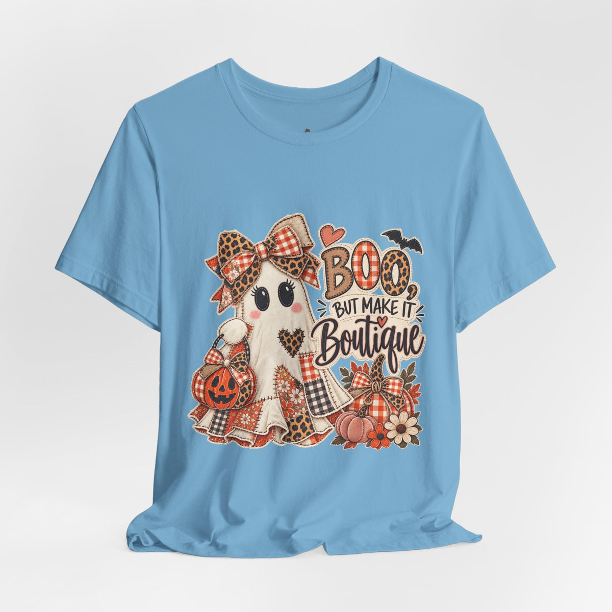 Boo But Make It Boutique | Premium Boutique Unisex T-Shirt Halloween Patchwork Ghost Graphic Cute Fall Bow Spooky Top