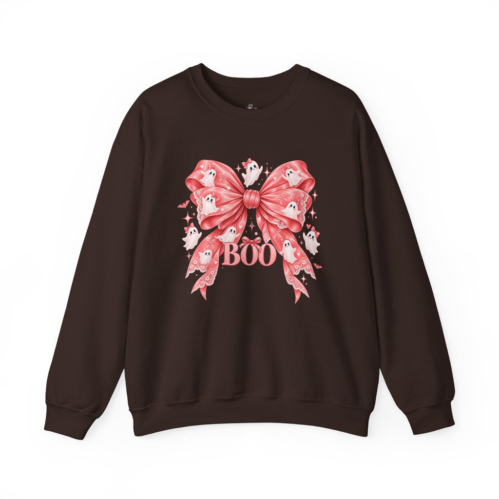 Boo | Premium Boutique Crewneck Sweatshirt Halloween Pink Ghost Bow Graphic Feminine Spooky Fashion Top