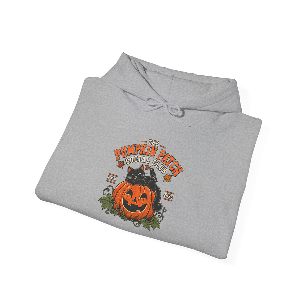 The Pumpkin Patch Social Club | Premium Boutique Pullover Hoodie Fall Vintage Black Cat Halloween Graphic Autumn Pumpkin Top