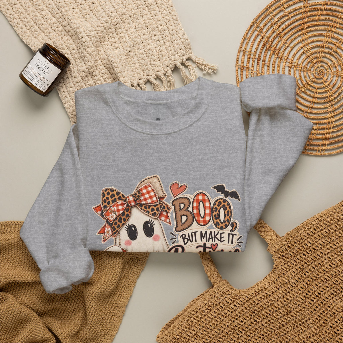 Boo But Make It Boutique | Premium Boutique Crewneck Sweatshirt Halloween Patchwork Ghost Graphic Cute Fall Bow Spooky Top