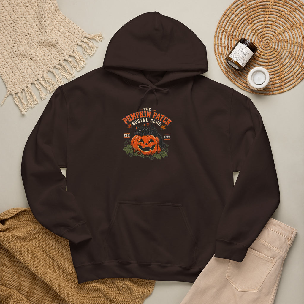 The Pumpkin Patch Social Club | Premium Boutique Pullover Hoodie Fall Vintage Black Cat Halloween Graphic Autumn Pumpkin Top