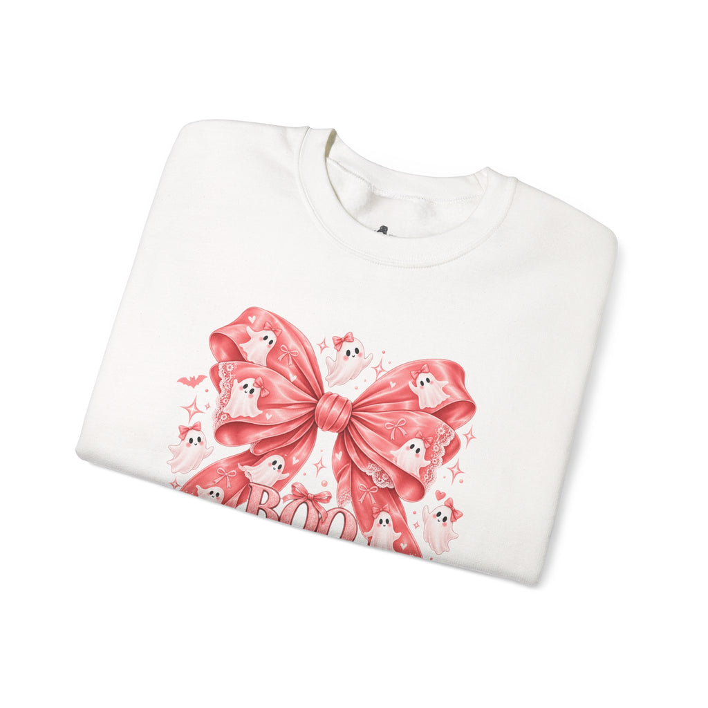 Boo | Premium Boutique Crewneck Sweatshirt Halloween Pink Ghost Bow Graphic Feminine Spooky Fashion Top