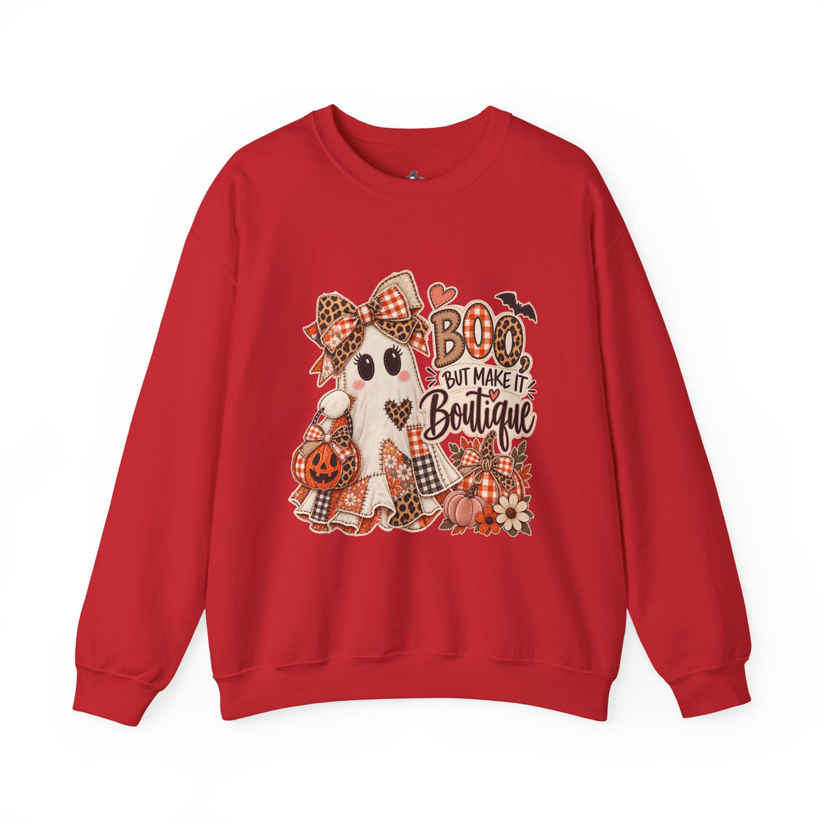 Boo But Make It Boutique | Premium Boutique Crewneck Sweatshirt Halloween Patchwork Ghost Graphic Cute Fall Bow Spooky Top