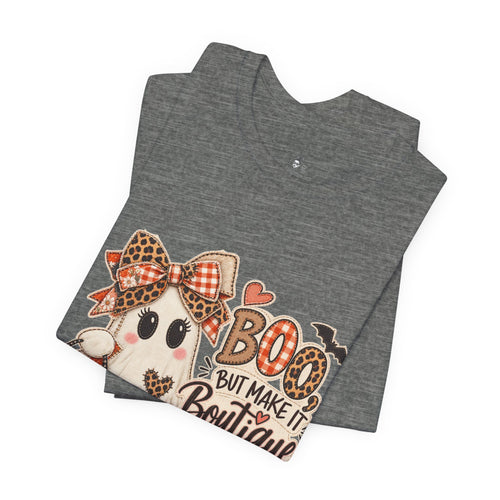 Boo But Make It Boutique | Premium Boutique Unisex T-Shirt Halloween Patchwork Ghost Graphic Cute Fall Bow Spooky Top