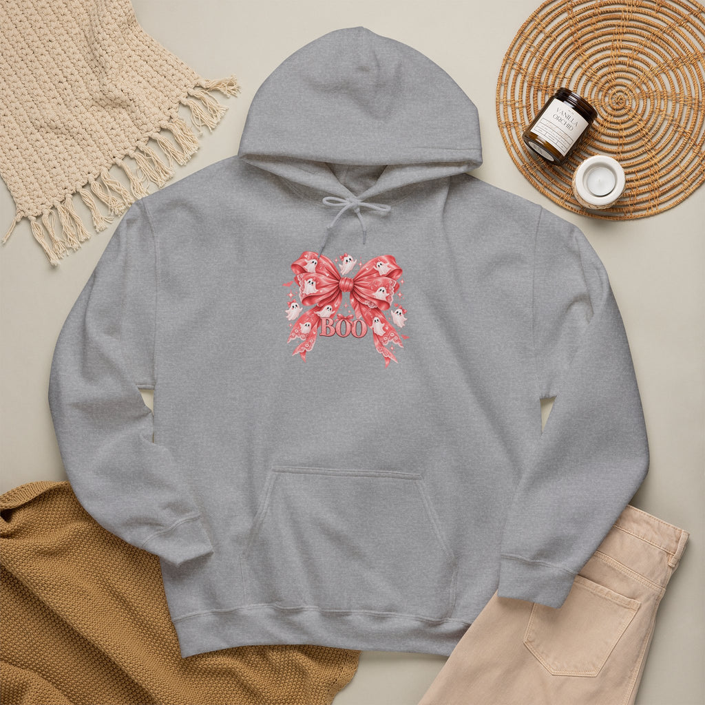 Boo | Premium Boutique Pullover Hoodie Halloween Pink Ghost Bow Graphic Feminine Spooky Fashion Top