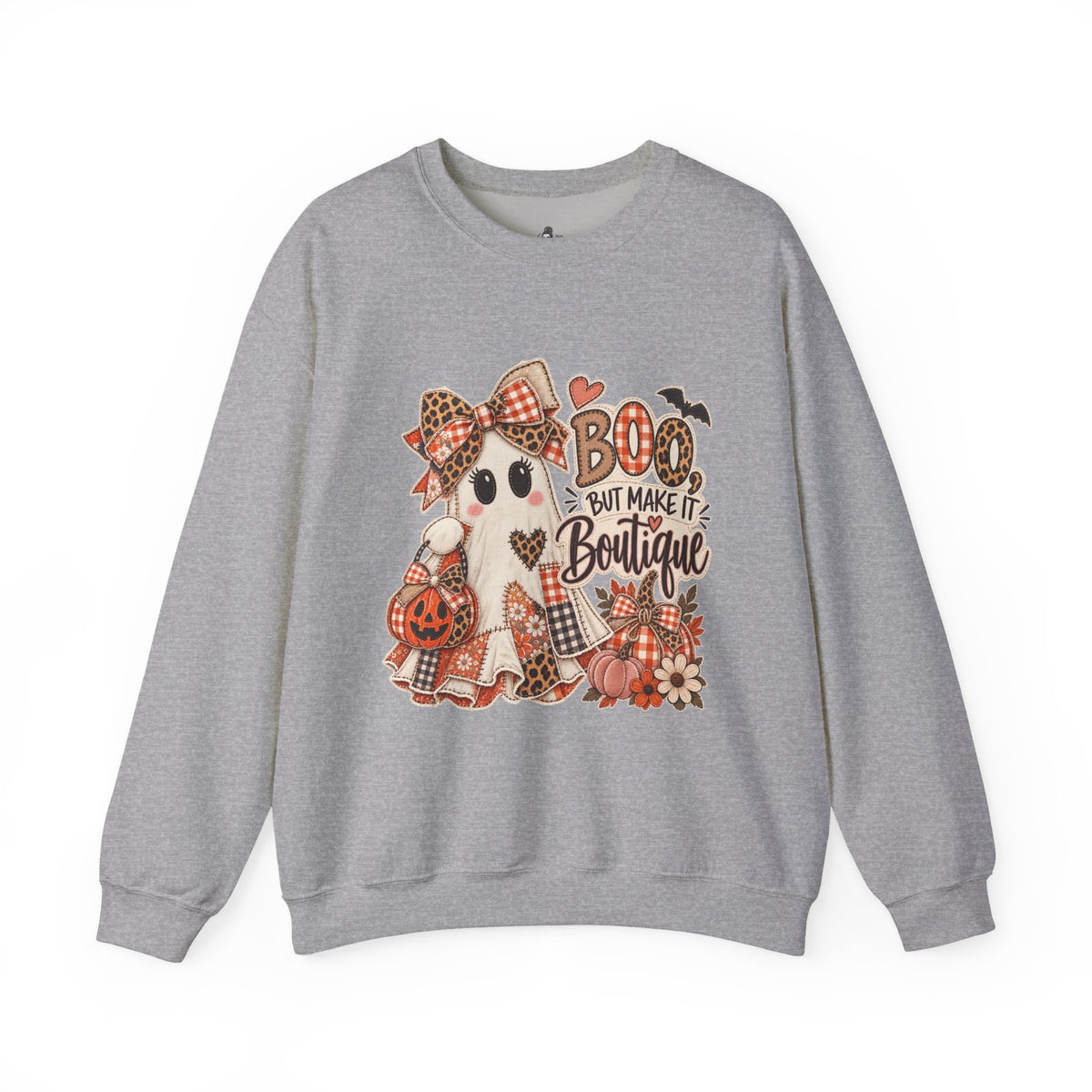 Boo But Make It Boutique | Premium Boutique Crewneck Sweatshirt Halloween Patchwork Ghost Graphic Cute Fall Bow Spooky Top