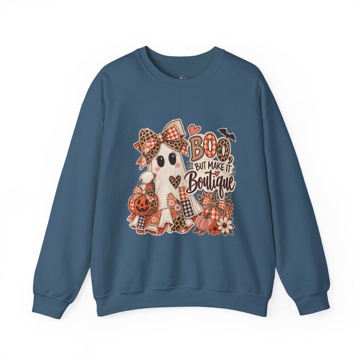Boo But Make It Boutique | Premium Boutique Crewneck Sweatshirt Halloween Patchwork Ghost Graphic Cute Fall Bow Spooky Top