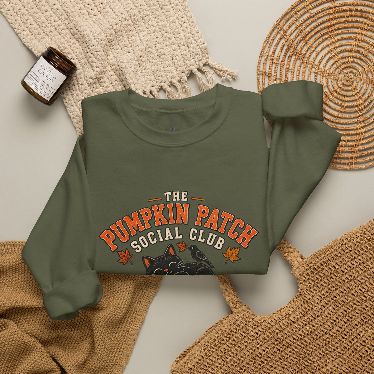 The Pumpkin Patch Social Club | Premium Boutique Crewneck Sweatshirt Fall Vintage Black Cat Halloween Graphic Autumn Pumpkin Top
