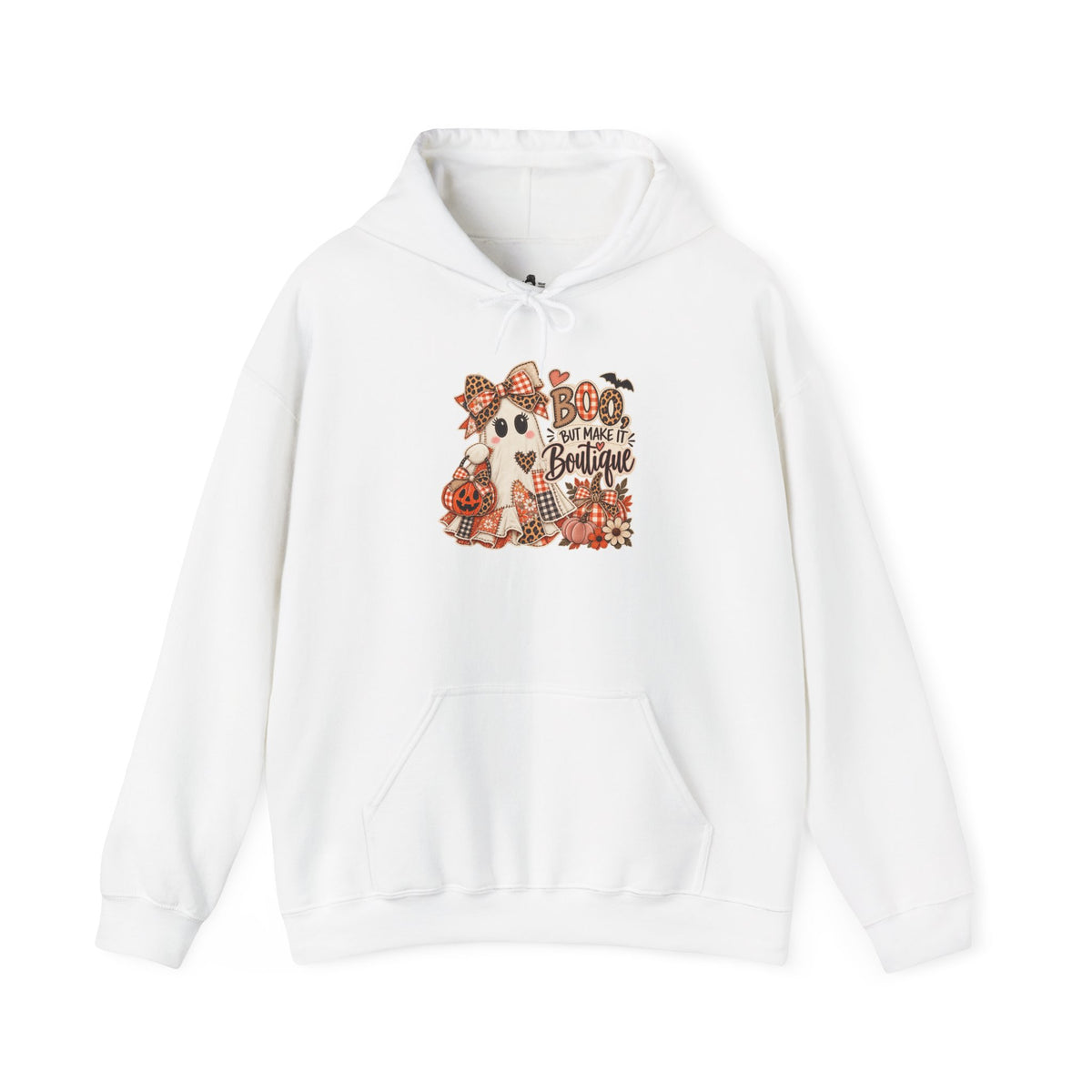 Boo But Make It Boutique | Premium Boutique Pullover Hoodie Halloween Patchwork Ghost Graphic Cute Fall Bow Spooky Top