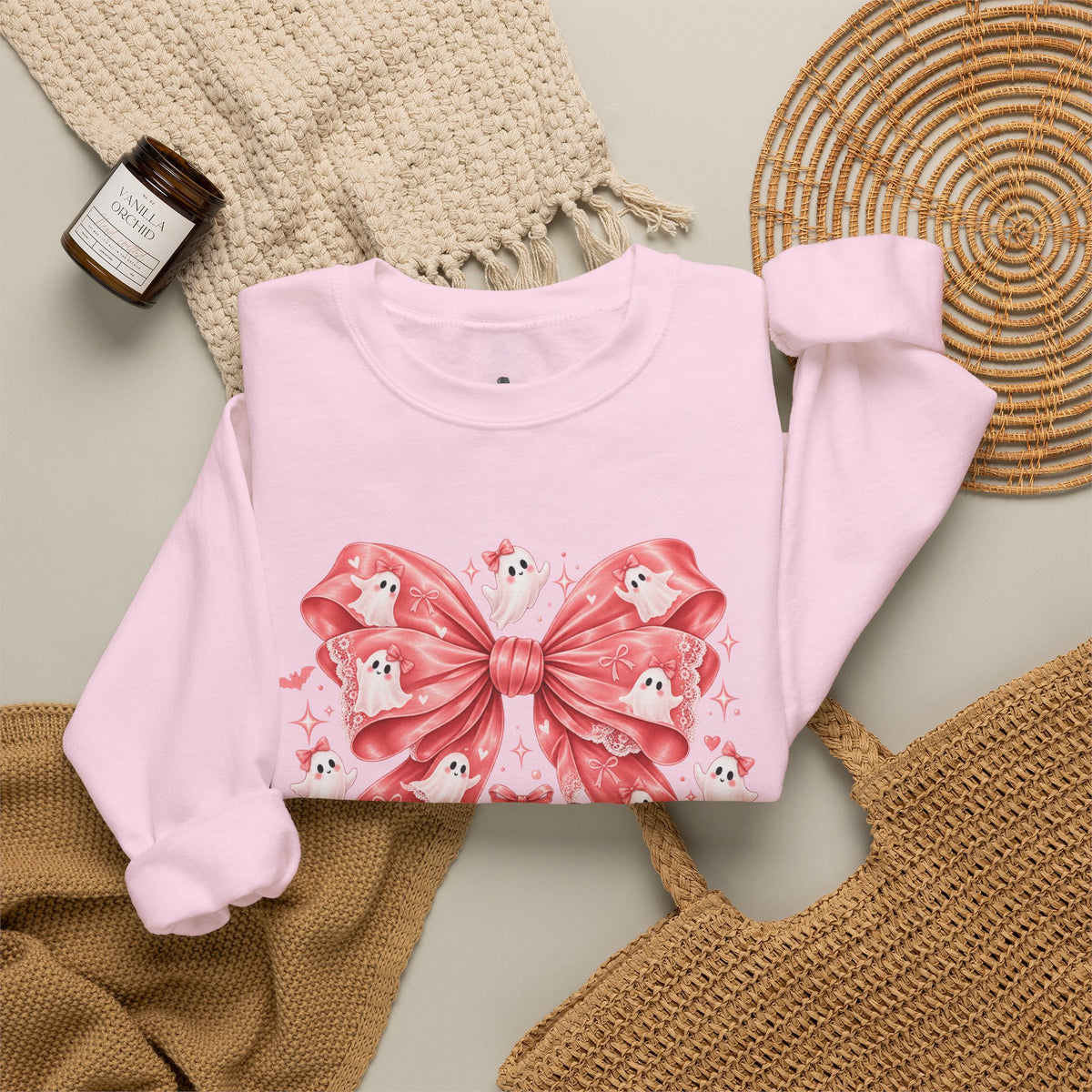 Boo | Premium Boutique Crewneck Sweatshirt Halloween Pink Ghost Bow Graphic Feminine Spooky Fashion Top