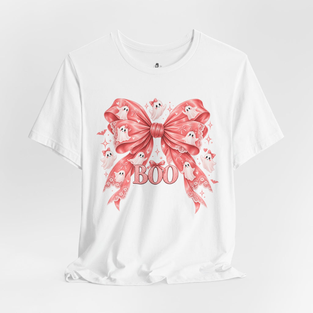 Boo | Premium Boutique Unisex T-Shirt Halloween Pink Ghost Bow Graphic Feminine Spooky Fashion Top