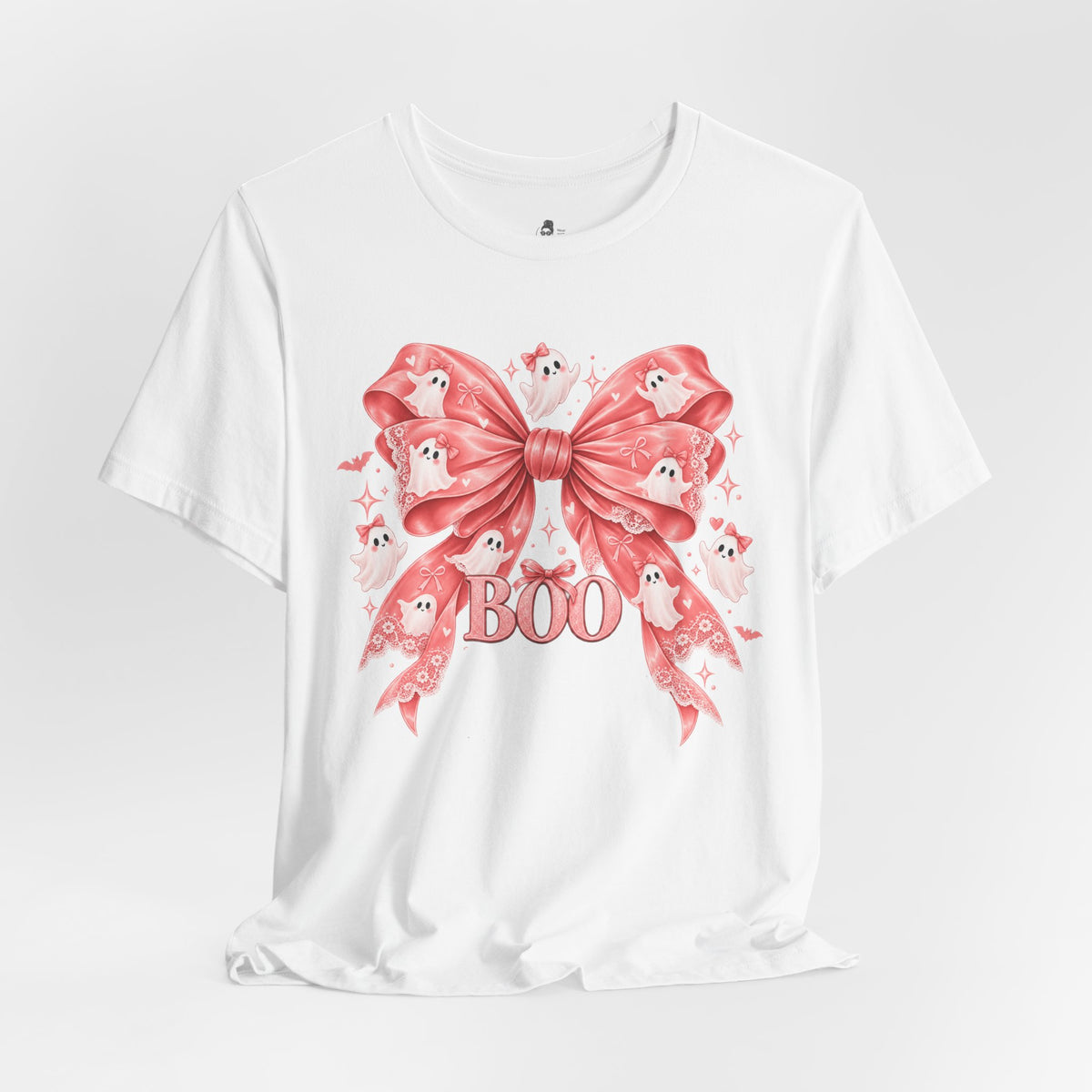 Boo | Premium Boutique Unisex T-Shirt Halloween Pink Ghost Bow Graphic Feminine Spooky Fashion Top