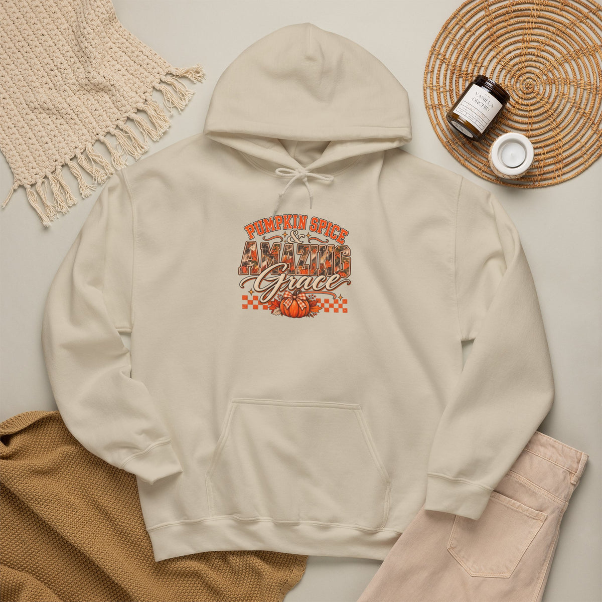 Pumpkin Spice And Amazing Grace | Premium Boutique Pullover Hoodie Fall Christian Faith Graphic Autumn Pumpkin Inspirational Top