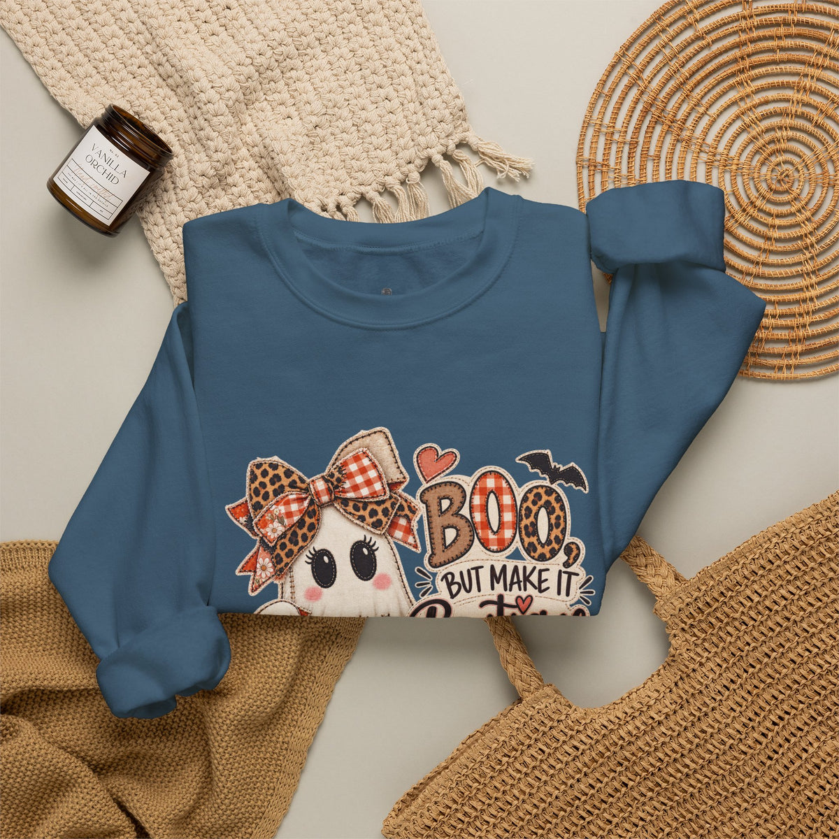 Boo But Make It Boutique | Premium Boutique Crewneck Sweatshirt Halloween Patchwork Ghost Graphic Cute Fall Bow Spooky Top